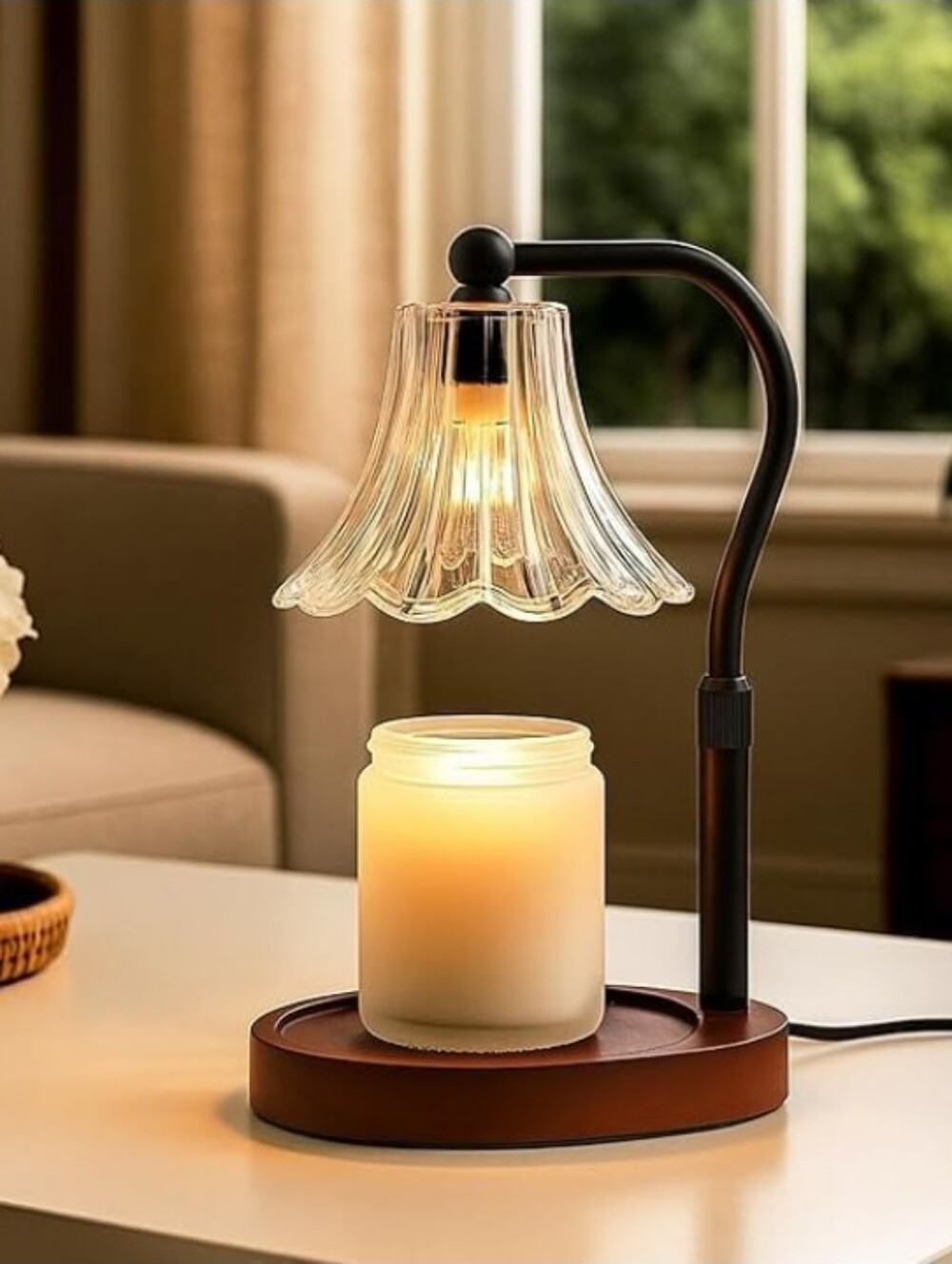 Vintage Glass Candle Warmer Lamp Adjustable Height Wooden Base Floral Shade Cozy